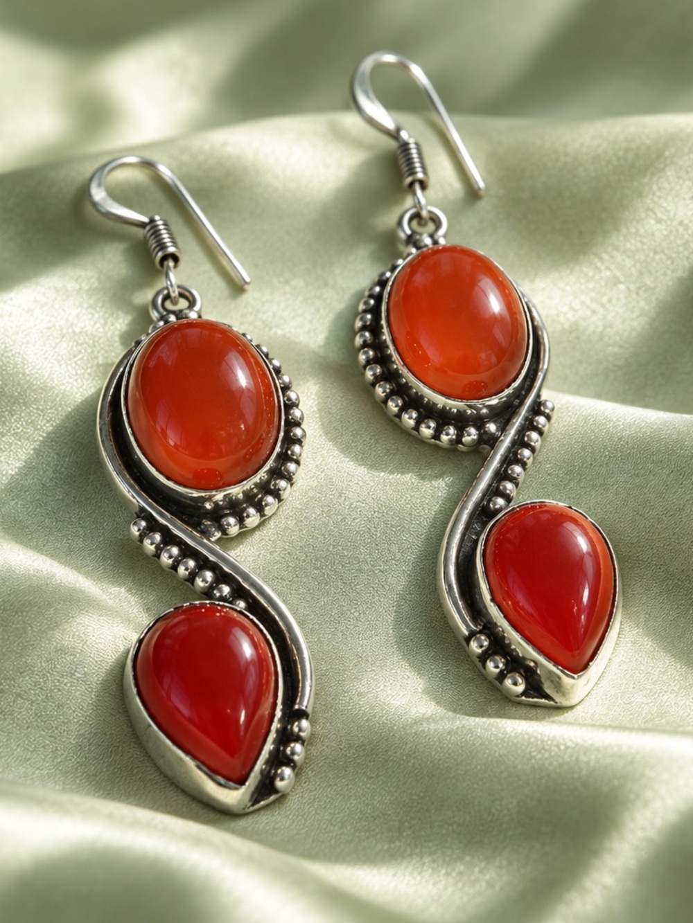 Sterling Silver Carnelian and Red Coral Drop Earrings-Gemstones (16)
